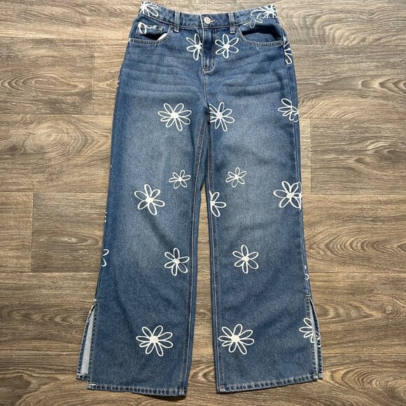 Justice Girls Wide Leg Flower SZ 16 Jeans Side Slit Y2K Floral Denim Daisy 70's - Picture 1 of 15